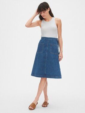 GAP Medium Blue 100% Cotton Denim Patch Pocket A-Line Midi Wrap Skirt, Size XS